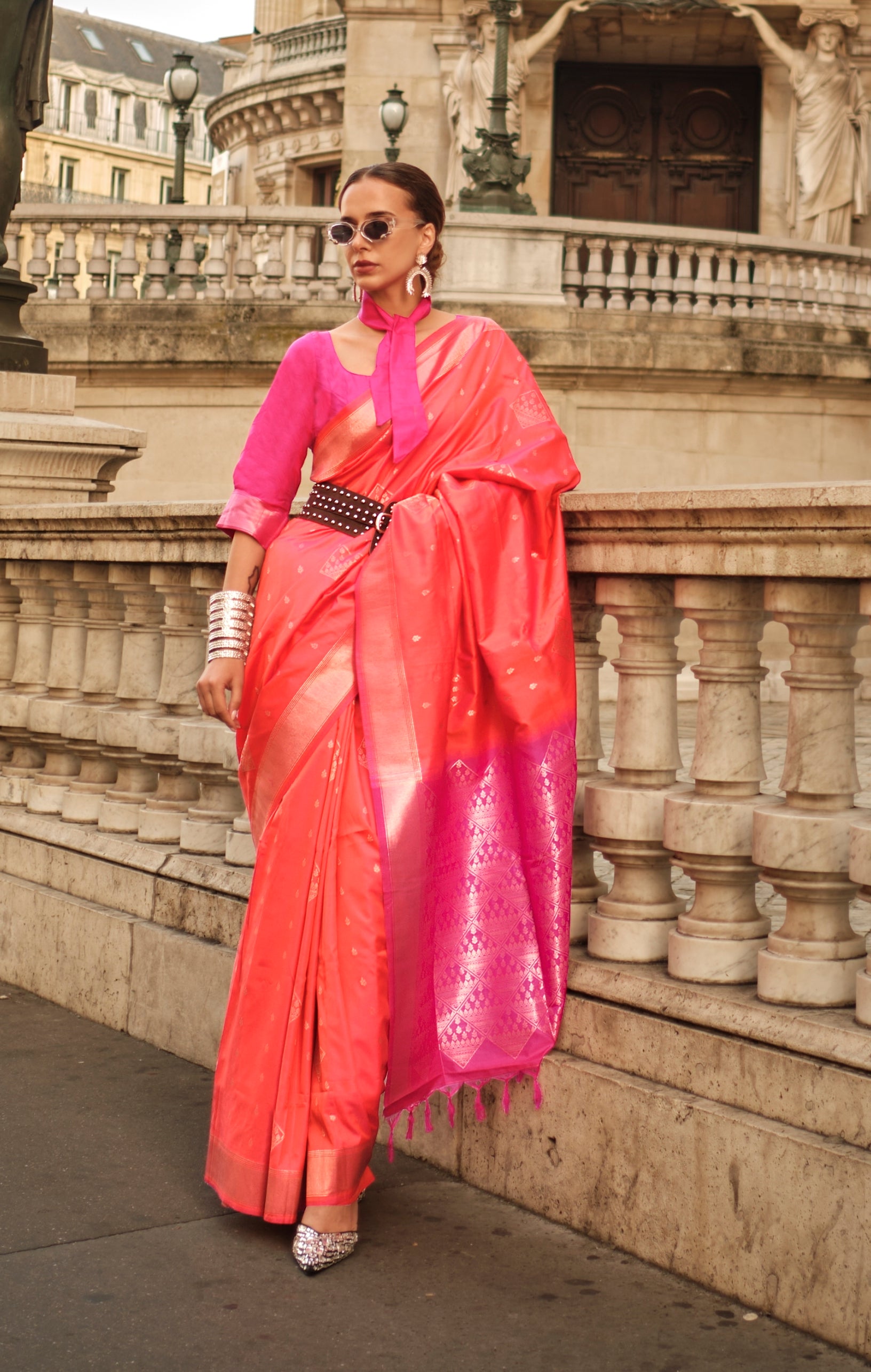 Purple Kanjeevaram Silk Saree with Orange Pink Border - Tulsi Weaves